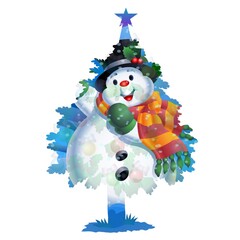 A cheerful snowman, dressed in a colorful scarf and hat, is creatively integrated into the shape of a Christmas tree.