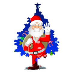 Santa Claus is depicted waving cheerfully in front of a blue Christmas tree adorned with ornaments, candy canes, and toys. The festive image captures the holiday spirit with bright colors and playful 