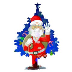 Santa Claus stands cheerfully in front of a blue Christmas tree, surrounded by decorations like candy canes and ornaments. His bright red suit contrasts with the tree's vivid blue background.