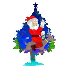 Santa Claus, dressed in his classic red suit, rides a reindeer in front of a brightly decorated Christmas tree silhouette. 