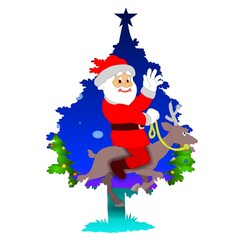 Santa Claus, dressed in his classic red suit, rides a reindeer in front of a brightly decorated Christmas tree silhouette. 