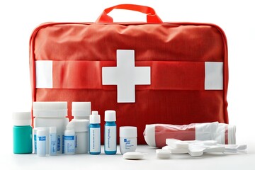Red first aid kit with medical supplies, including bottles, bandages, and gauze, on a white...