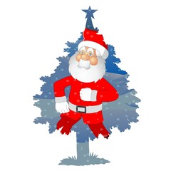 A jolly Santa Claus is integrated into a blue Christmas tree, creating a festive and whimsical scene. The background shows soft blue hues with snowflakes scattered over the image.