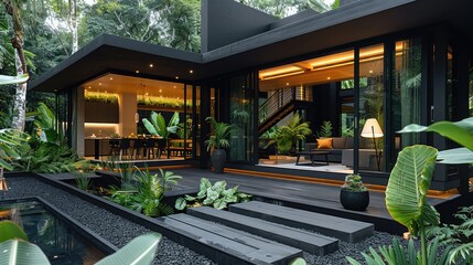 A black house embodying minimalist design principles, the overall harmony between the architecture and the lush tropical surroundings.