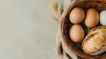 Basket of eggs and bread on a textured surface.