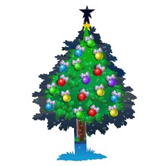 A decorated Christmas tree is adorned with colorful ornaments and topped with a star. 