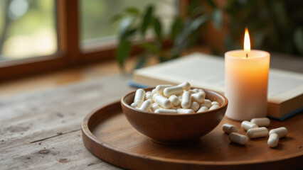 Wooden bowl filled with unopened magnesium capsules on a wooden surface by a window with natural light and a lit candle beside it.