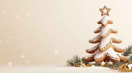 A stunning gingerbread Christmas tree stands tall, decorated with white icing and colorful ornaments