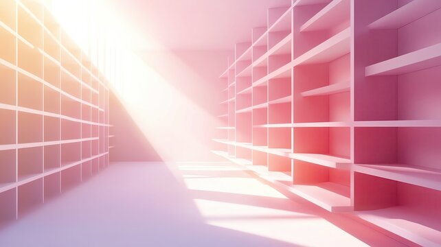 Optimized Stock Management concept shown as minimalist shelves in pastel gradients blending with sunlight rays, creating a clean and professional look,