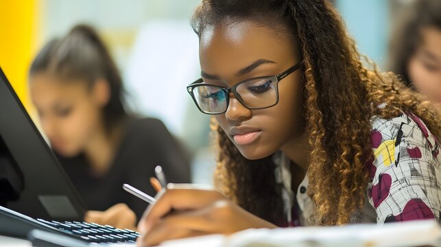A storytelling shot of students using graphing calculators to solve complex equations during a math lab session.