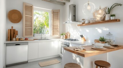 Professional photo of a contemporary kitchen with a large window, white cabinetry, and wooden slat details. Hanging glass lamps create a warm and bright atmosphere. 