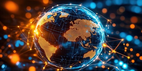 Obraz premium Digital Globe Illuminated with Glowing Connections Representing Global Data Flow in a Futuristic Network Concept