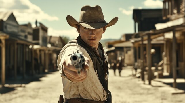 A Cowboy Stands in a Western Town