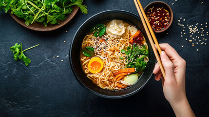 A hand holding chopsticks over a bowl of ramen with eggs, greens, and Soup dumplings on a dark stone table, dramatic lighting, ideal for restaurant menus and food blogs.