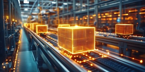 Dynamic futuristic warehouse scene with glowing boxes on conveyor belt showcasing advanced technology and modern logistics solutions.