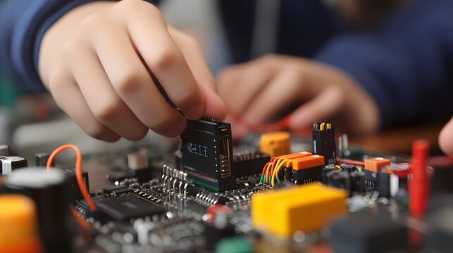 A detailed image of a student connecting jumper wires on an Arduino board to control a small servo motor.