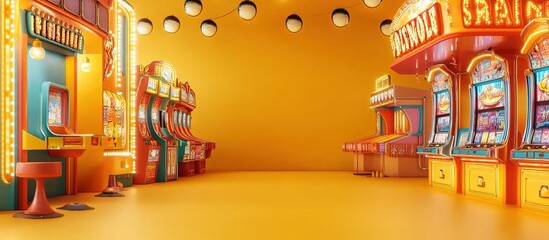 A vibrant arcade filled with colorful slot machines in a playful environment.