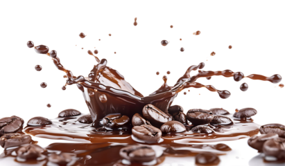 Splash of Liquid Coffee with Coffee Beans and Droplets on a Transparent Background