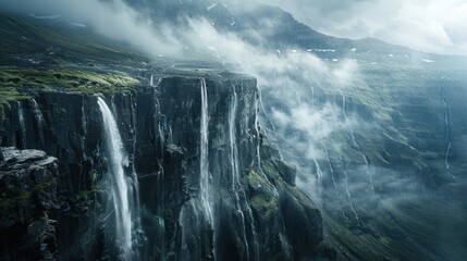Majestic waterfall cascading down a misty cliff face in a dramatic mountain landscape.