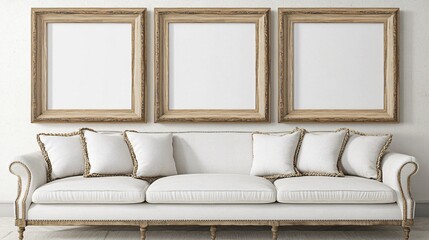 Cozy and modern interior design of a sample room with stylish decor, sofa, and blank space, offering a warm and inviting lifestyle ambiance.