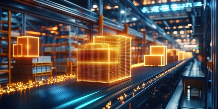 Futuristic warehouse interior with glowing digital cubes moving along a conveyor belt in a high-tech environment showcasing advanced technology and innovation