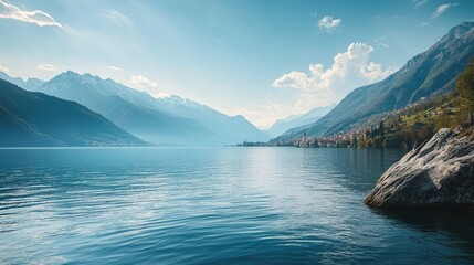 Naklejka premium Serene lake nestled in majestic mountains under a bright sky.