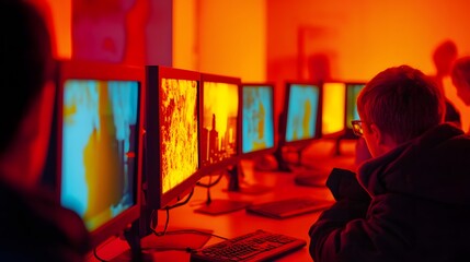 A cinematic view of students learning to use a thermal imaging camera to detect temperature differences in various objects.