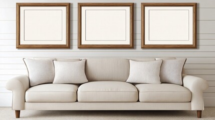 Cozy and modern interior design of a sample room with stylish decor, sofa, and blank space, offering a warm and inviting lifestyle ambiance.