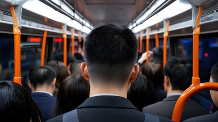 Fototapeta premium A man with a shaved head is looking out the window of a crowded bus