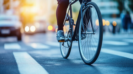 A cyclist navigating through a bustling city street during golden hour, symbolizing active urban commuting and eco-friendly transportation