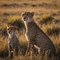 Naklejka premium A mother cheetah watching over her cubs in a grassy savanna.