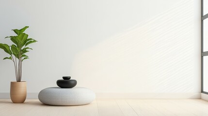 A white room with a large window and a potted plant