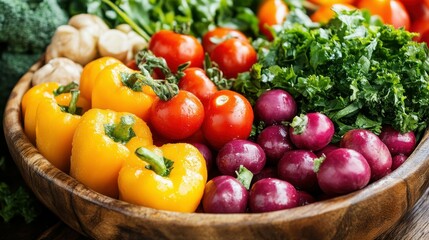 A bowl of assorted vegetables including tomatoes, potatoes, and peppers