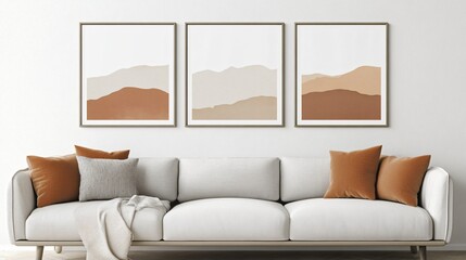 Cozy and modern interior design of a sample room with stylish decor, sofa, and blank space, offering a warm and inviting lifestyle ambiance.