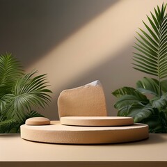 Three sandstone display platforms with selective focus, set in a minimal tropical design, perfect for product branding and photography