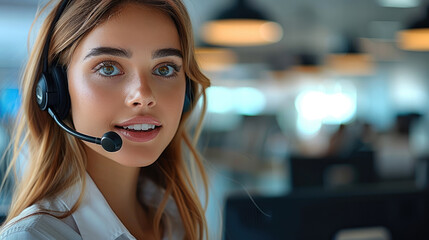A woman talking on a phone headset in a real estate office.