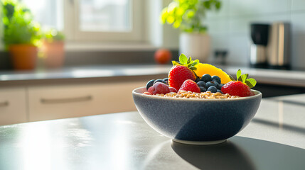A vibrant smoothie bowl with fresh fruits and seeds placed on a clean kitchen counter, representing healthy eating habits