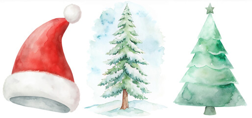 Three Christmas trees and a red hat