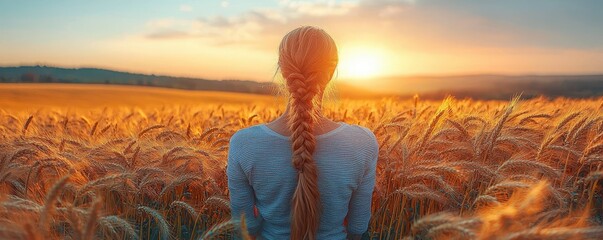 Fototapeta premium A back view of a woman with braided hair standing in a golden wheat field, gazing at a vibrant sunset in the distance.