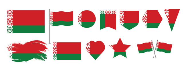 Belarus flag set of icons.  Set of Belarus flags button, waved, heart,brush,start various objects and state signs and shape