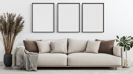 Cozy and modern interior design of a sample room with stylish decor, sofa, and blank space, offering a warm and inviting lifestyle ambiance.