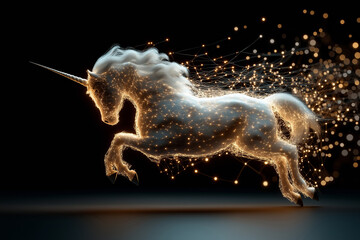 A unicorn composed of intricate, glowing patterns resembling neural connections. AI business.