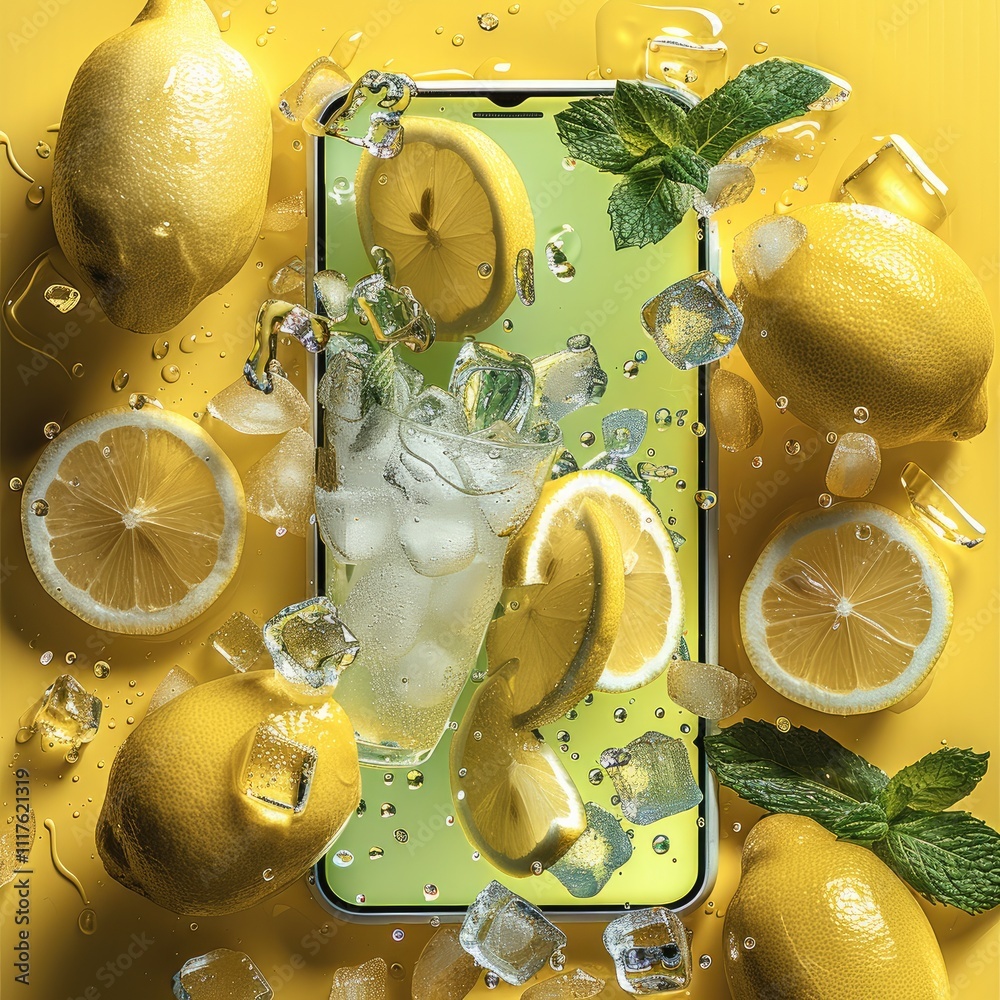 Poster smartphone with green screen in to a lemonade with a lot of lemons and lemon slices, peppermint herb