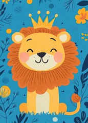 Happy lion illustration on a dark blue background, with a cheerful cartoon style, perfect for kids’ room decor or playful nursery art