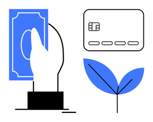 Hand holding blue currency note, credit card with chip, and blue leaf sprout. Ideal for financial systems, cashless payments, sustainability, eco-friendly finance, digital transactions, green