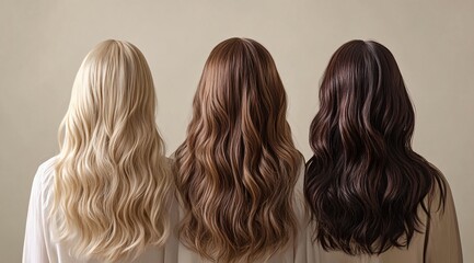 Fototapeta premium Three beautiful women with brown curly hair, styled with dyed and permed curls, shown from behind, showcasing elegant and fashionable hairstyles.