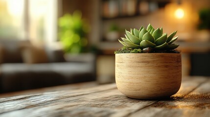 Wooden mug and rustic plant pot on a minimalistic design, creating a cozy, earthy vibe for natural decor.