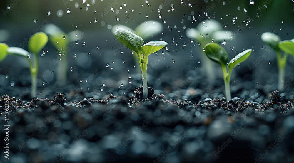 Poster a seeds breaking through the soil, background clean.