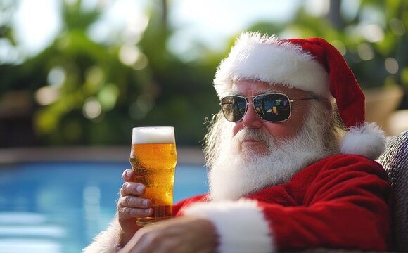 Santa Claus wearing sunglasses and holding a beer, lounging by the pool on Christmas Day