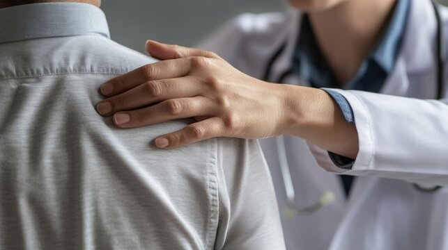 A healthcare provider gently places a hand on a patient's shoulder, offering comfort and support during a consultation. The setting feels warm and inviting, fostering trust